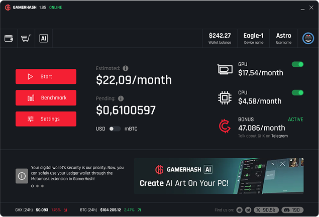 Zrzut ekranu aplikacji GamerHash Miner