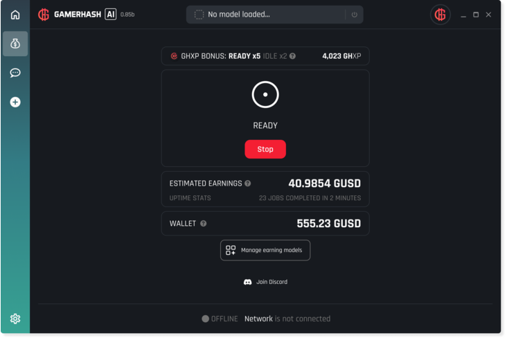 Earnings panel in the GamerHash AI app