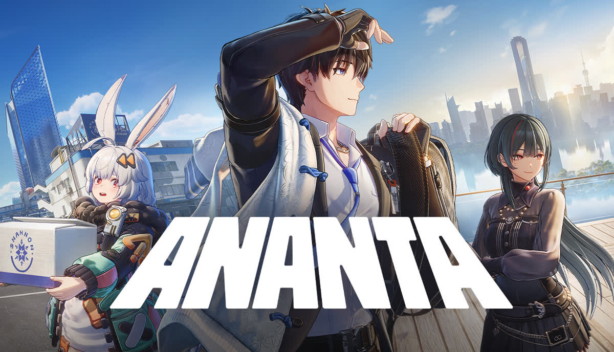 도시 스카이라인이 내려다보이는 테라스 위 무한대(ANANTA) 캐릭터들 — NetEase Games 공식 키 비주얼