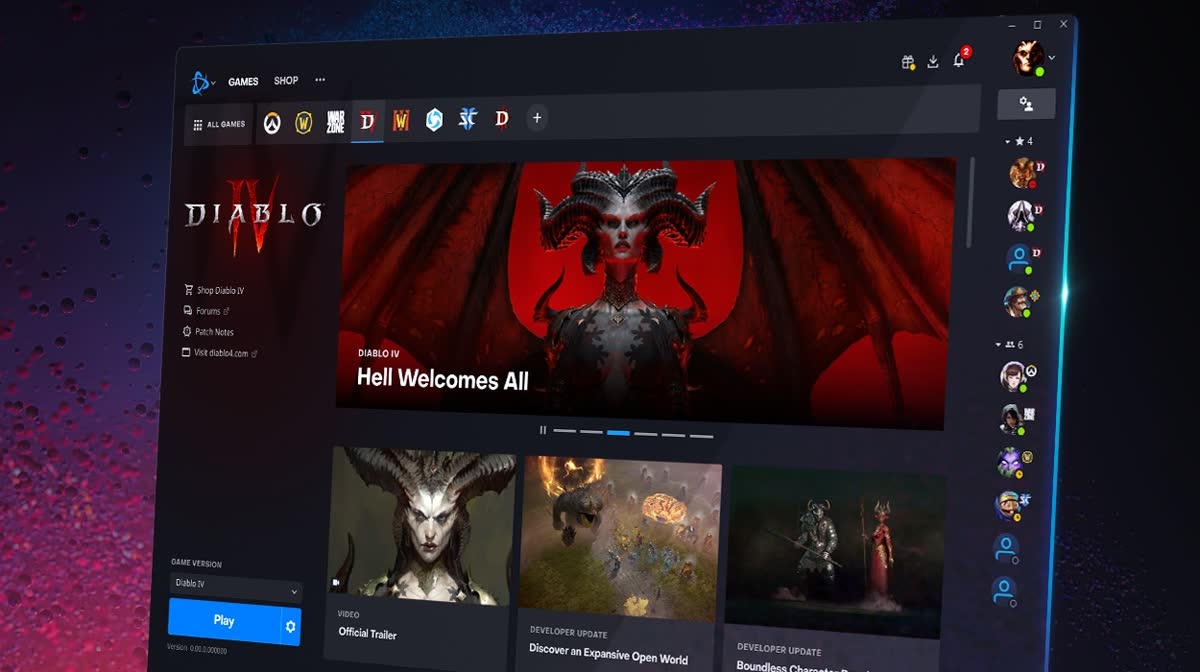 Oficjalna grafika Blizzarda — aplikacja Battle.net z paskiem gier Blizzarda, otwarta na Diablo IV
