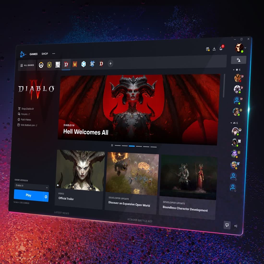 Oficjalna grafika Blizzarda — aplikacja Battle.net z paskiem gier Blizzarda, otwarta na Diablo IV