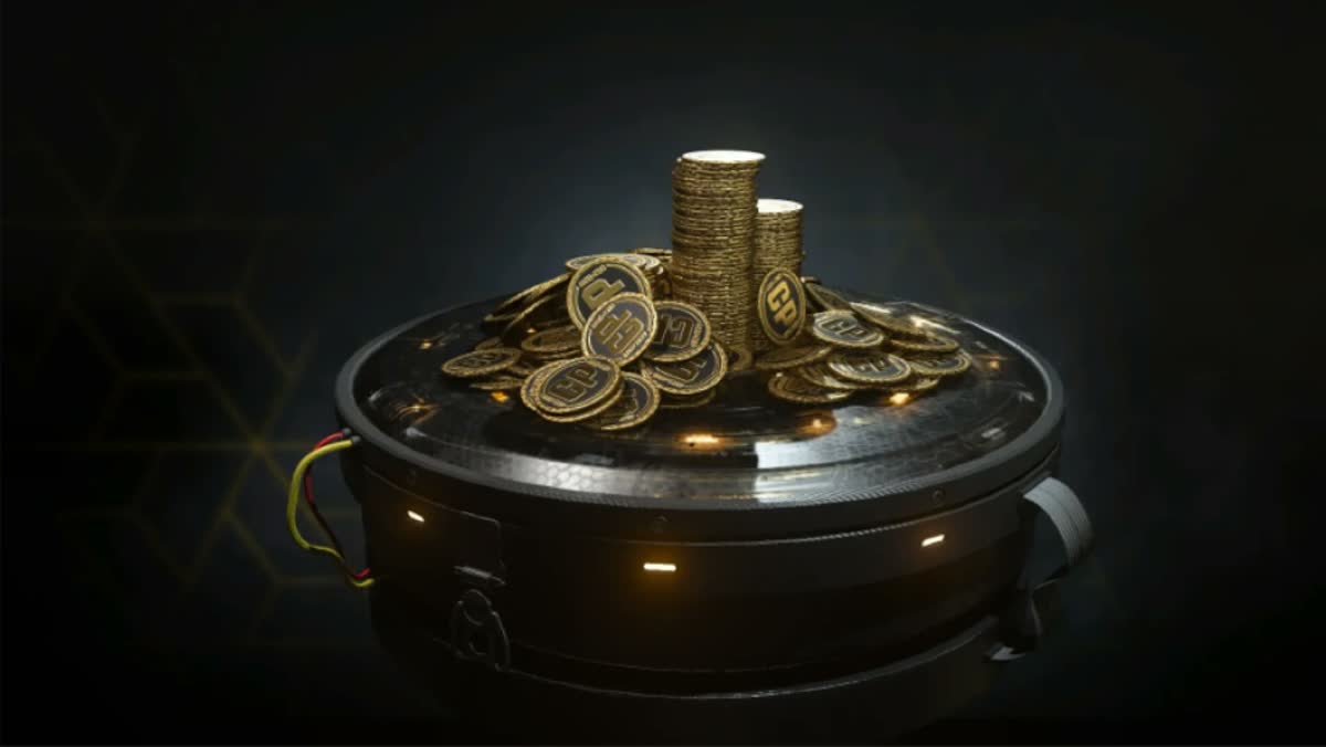 Stacks of golden CP coins on official Call of Duty artwork