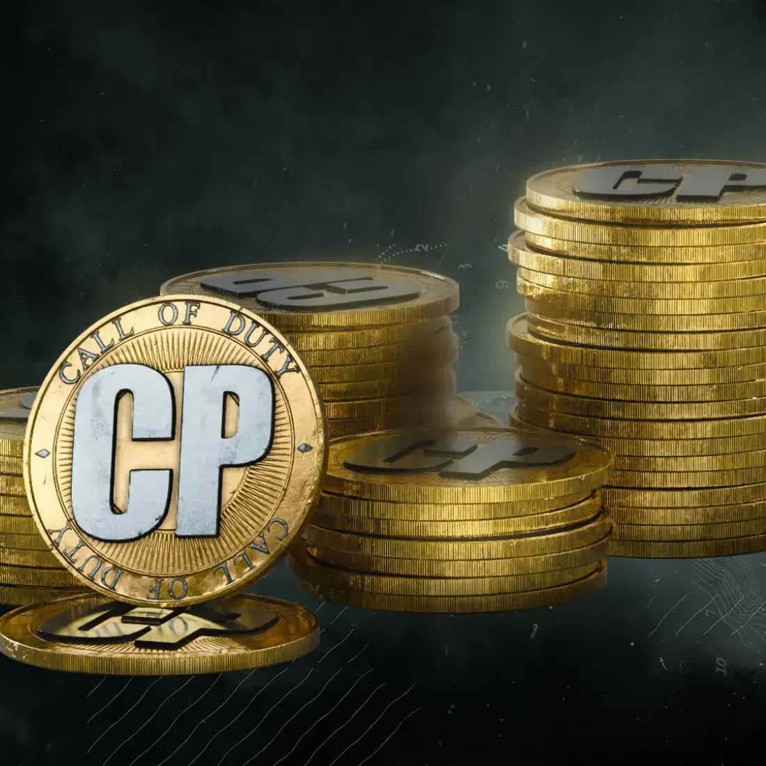 Stacks of golden CP coins on official Call of Duty artwork