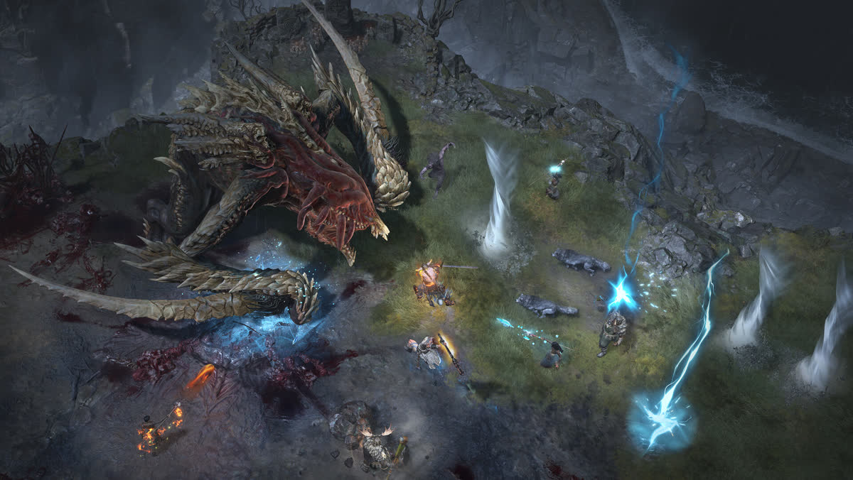 얼음과 지옥을 가르는 장벽을 뚫고 나아가는 야만용사와 곰으로 변신한 드루이드 — Diablo IV 공식 아트워크