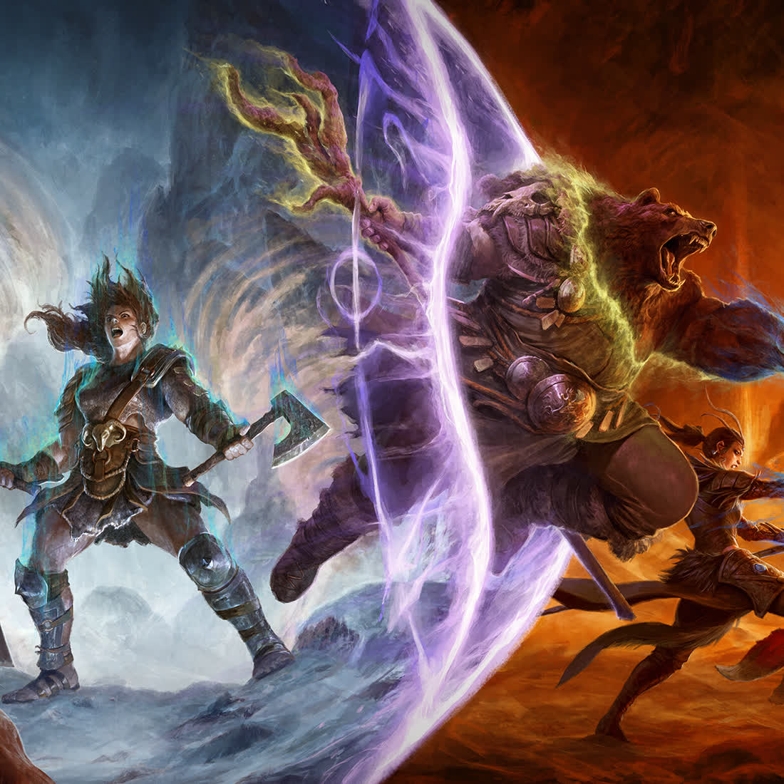 얼음과 지옥을 가르는 장벽을 뚫고 나아가는 야만용사와 곰으로 변신한 드루이드 — Diablo IV 공식 아트워크