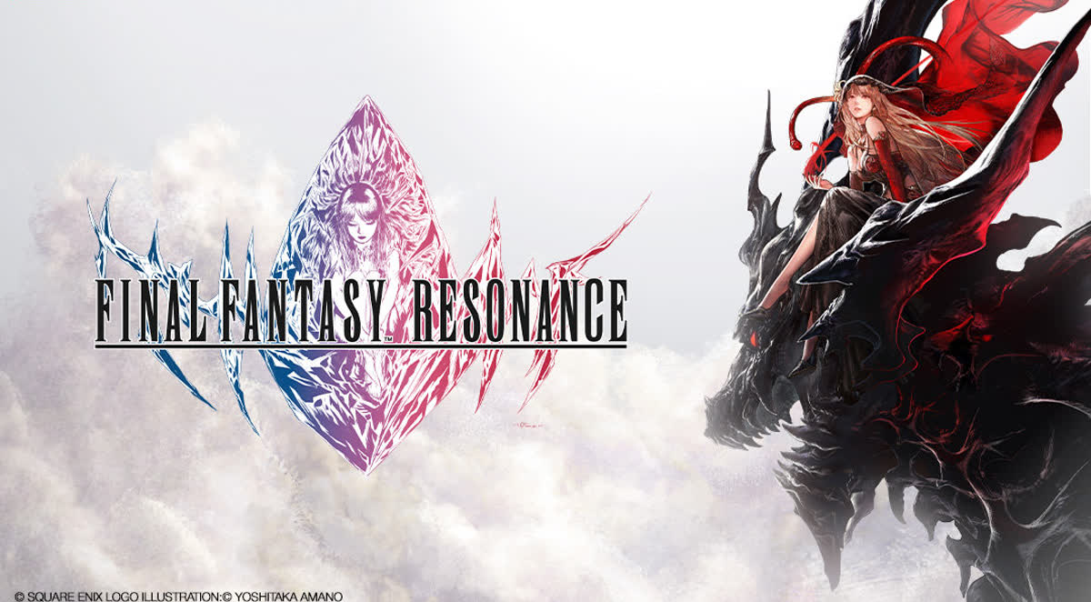 A woman in red atop a black dragon — official Final Fantasy Resonance key art