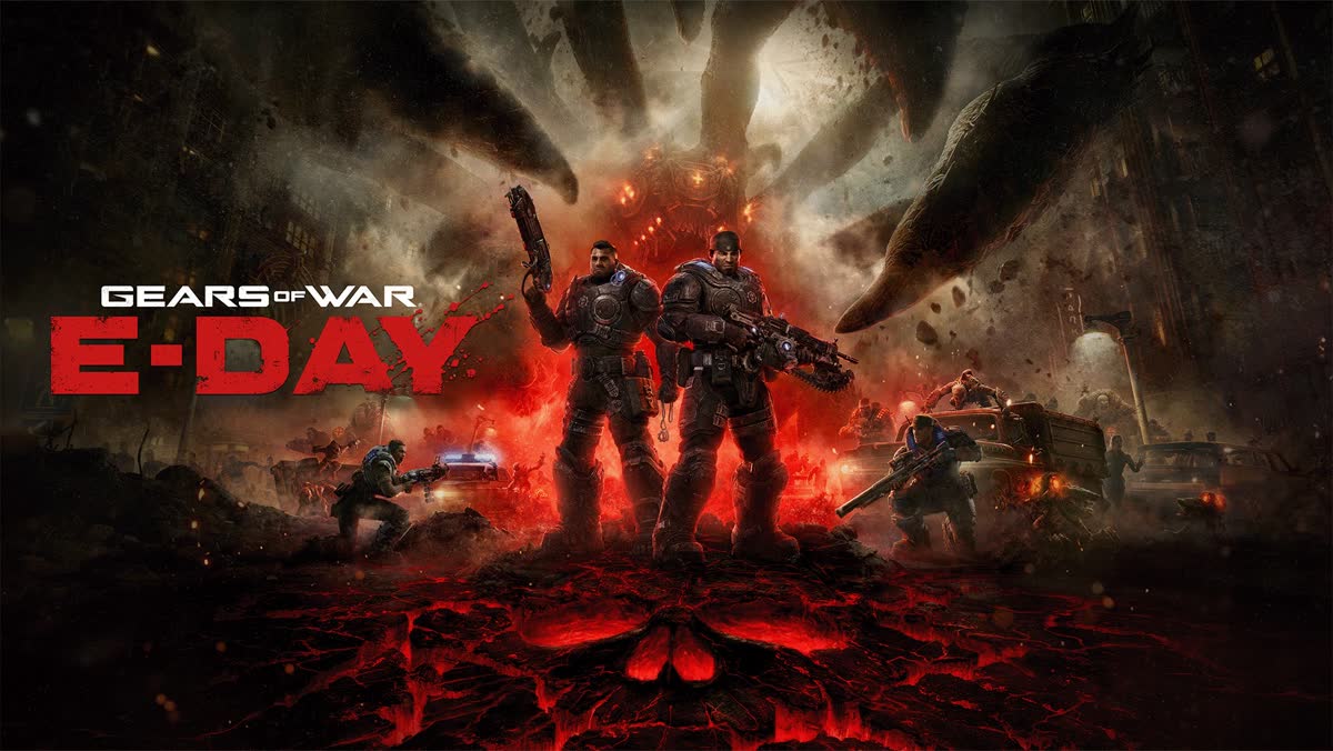 로커스트가 솟아오르는 불타는 도시의 마커스 페닉스와 돔 산티아고 — Gears of War: E-Day 공식 아트워크