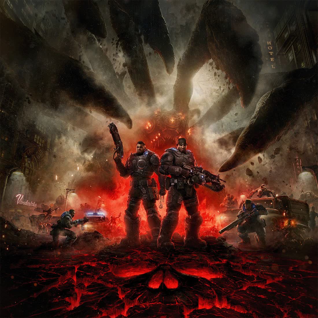 로커스트가 솟아오르는 불타는 도시의 마커스 페닉스와 돔 산티아고 — Gears of War: E-Day 공식 아트워크
