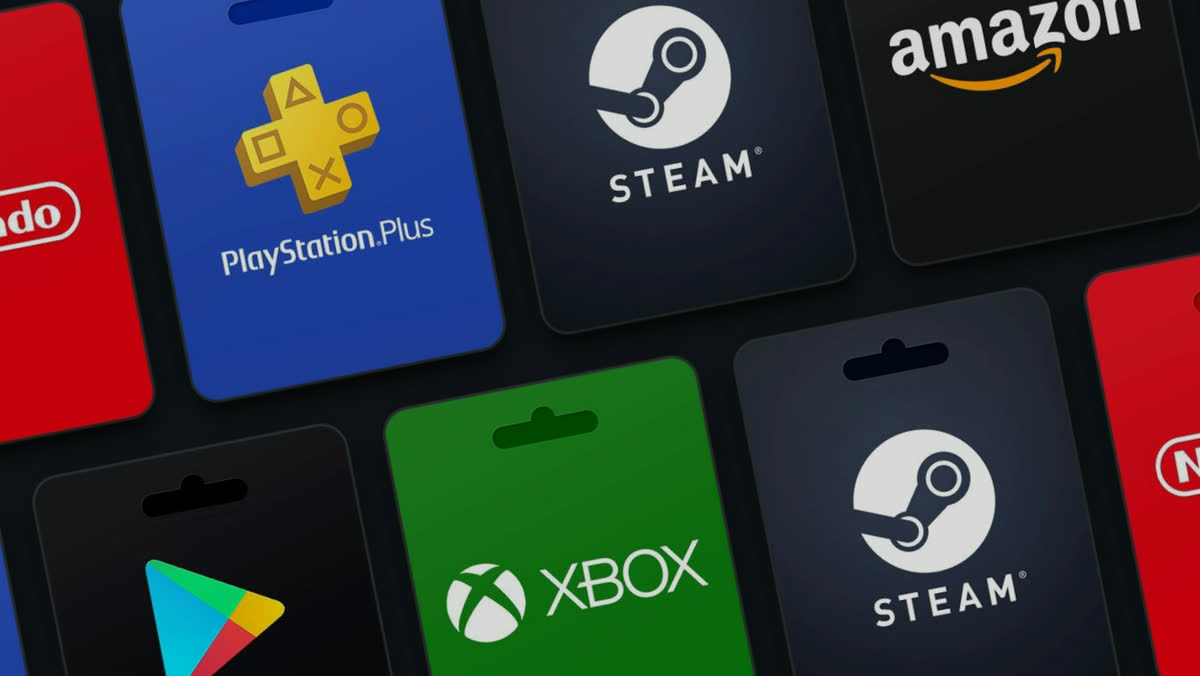 어두운 배경 위의 스팀, PlayStation, PS Plus, Xbox, 닌텐도, Google Play, 아마존, 넷플릭스 기프트카드