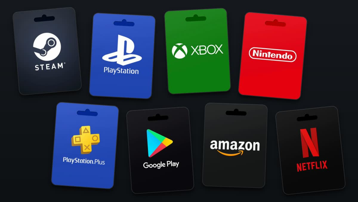 어두운 배경 위의 스팀, PlayStation, PS Plus, Xbox, 닌텐도, Google Play, 아마존, 넷플릭스 기프트카드