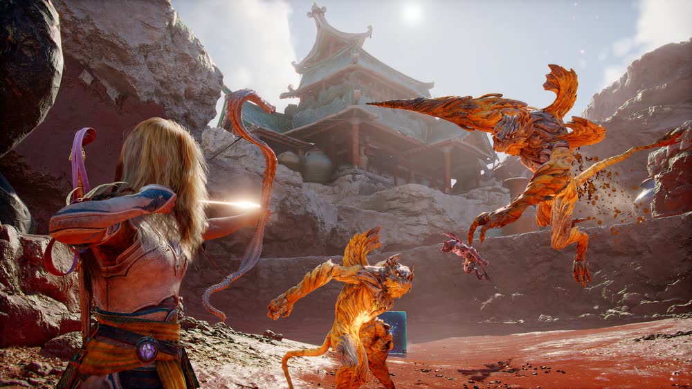 Faye z mieczem i kosmiczna kostka Phranque na skale nad Everywhen — oficjalna grafika God of War Laufey