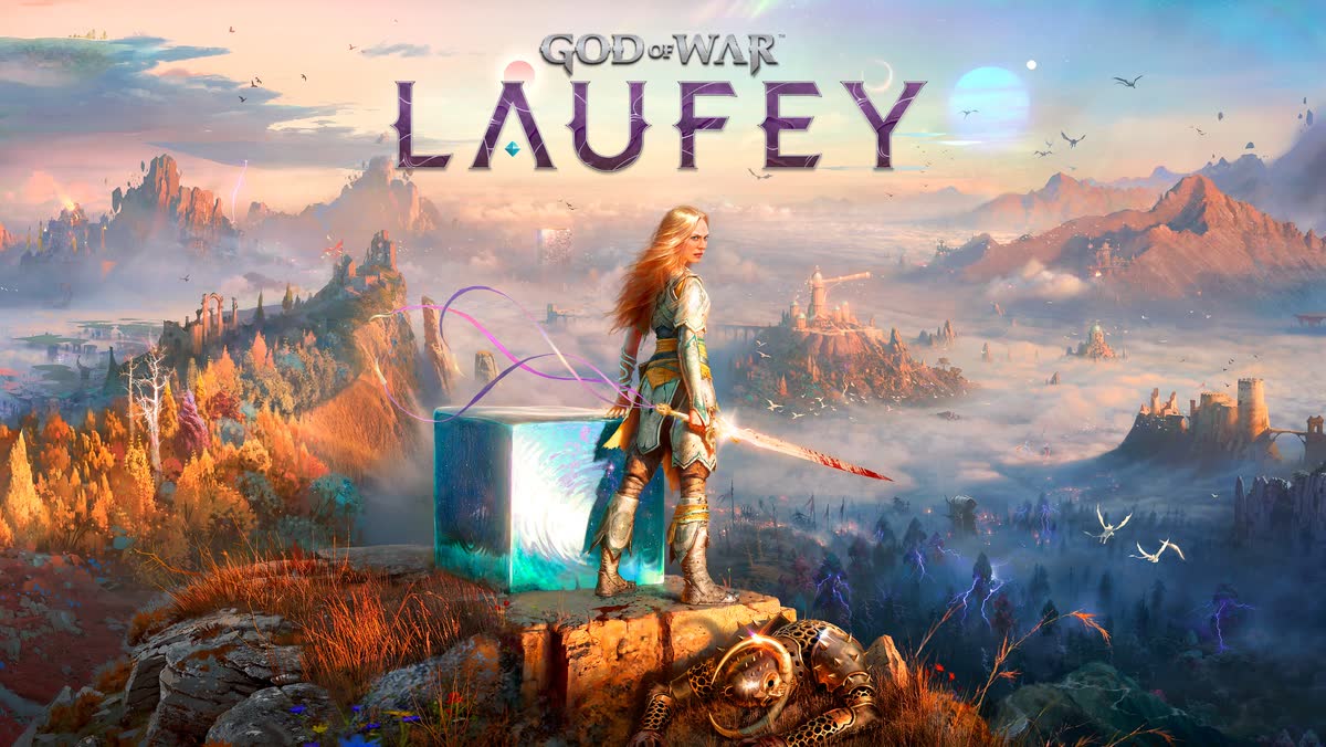 Faye z mieczem i kosmiczna kostka Phranque na skale nad Everywhen — oficjalna grafika God of War Laufey
