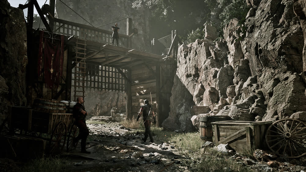 Bezimienny Bohater na ruinach muru, w dole Górnicza Dolina pod Barierą — oficjalna grafika Gothic 1 Remake