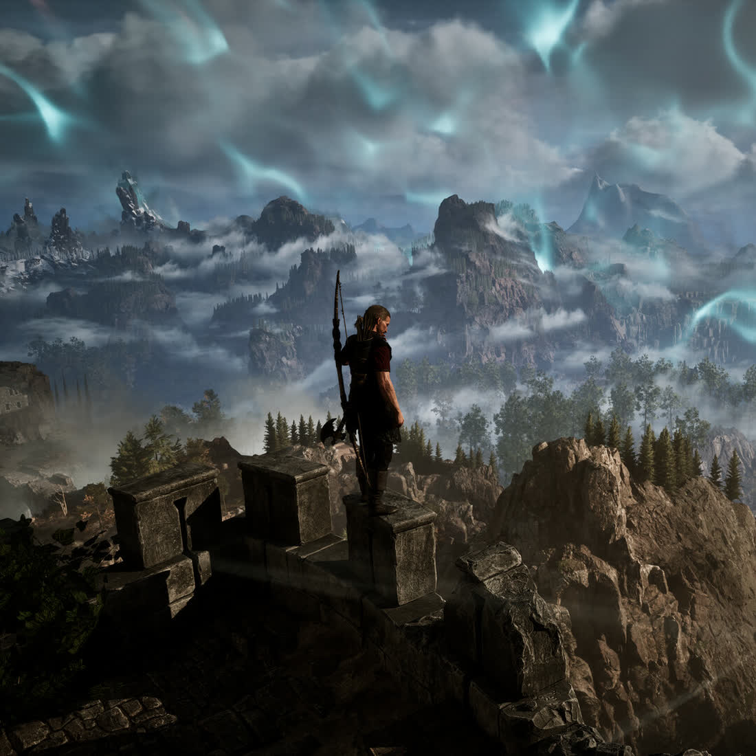 Bezimienny Bohater na ruinach muru, w dole Górnicza Dolina pod Barierą — oficjalna grafika Gothic 1 Remake