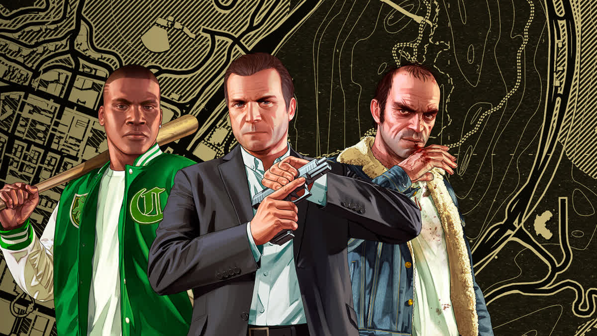 Franklin, Michael i Trevor na tle mapy Los Santos — oficjalna grafika Grand Theft Auto V
