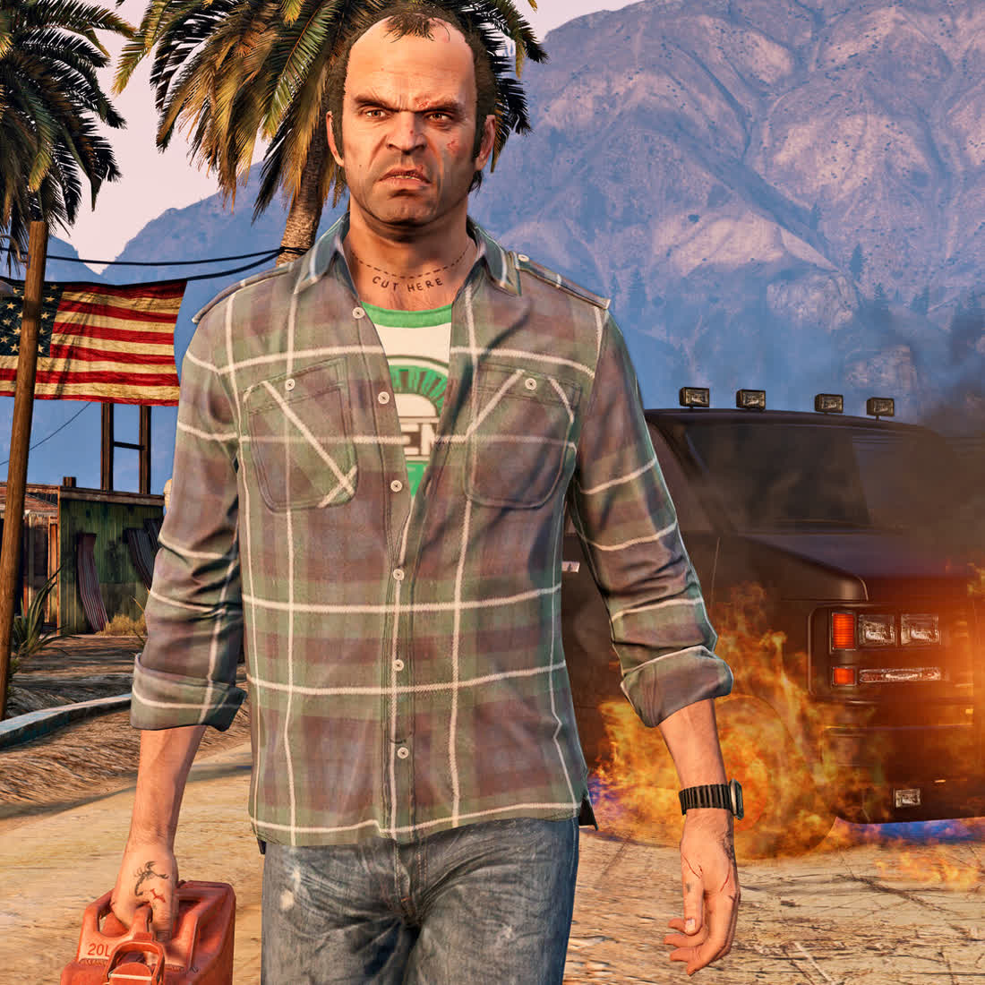 Franklin, Michael i Trevor na tle mapy Los Santos — oficjalna grafika Grand Theft Auto V