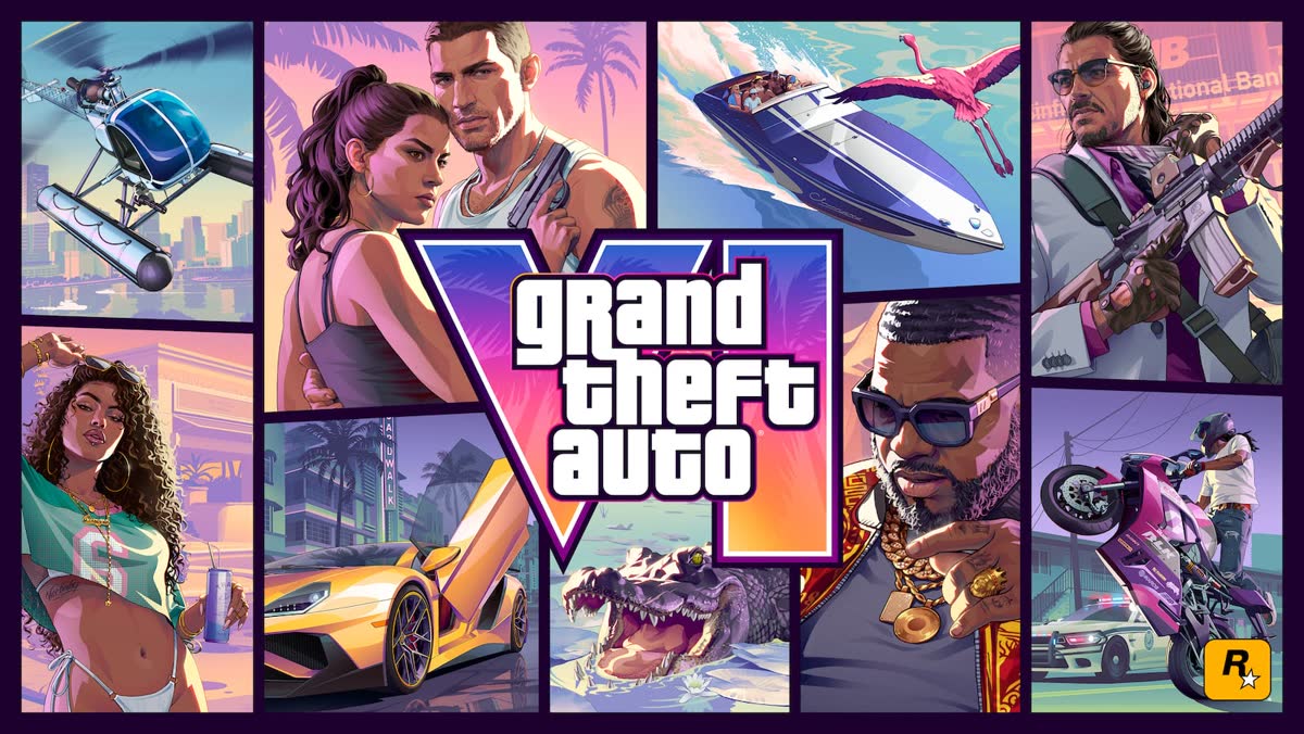 바이스 시티를 배경으로 한 루시아와 제이슨 — Grand Theft Auto VI 공식 아트워크