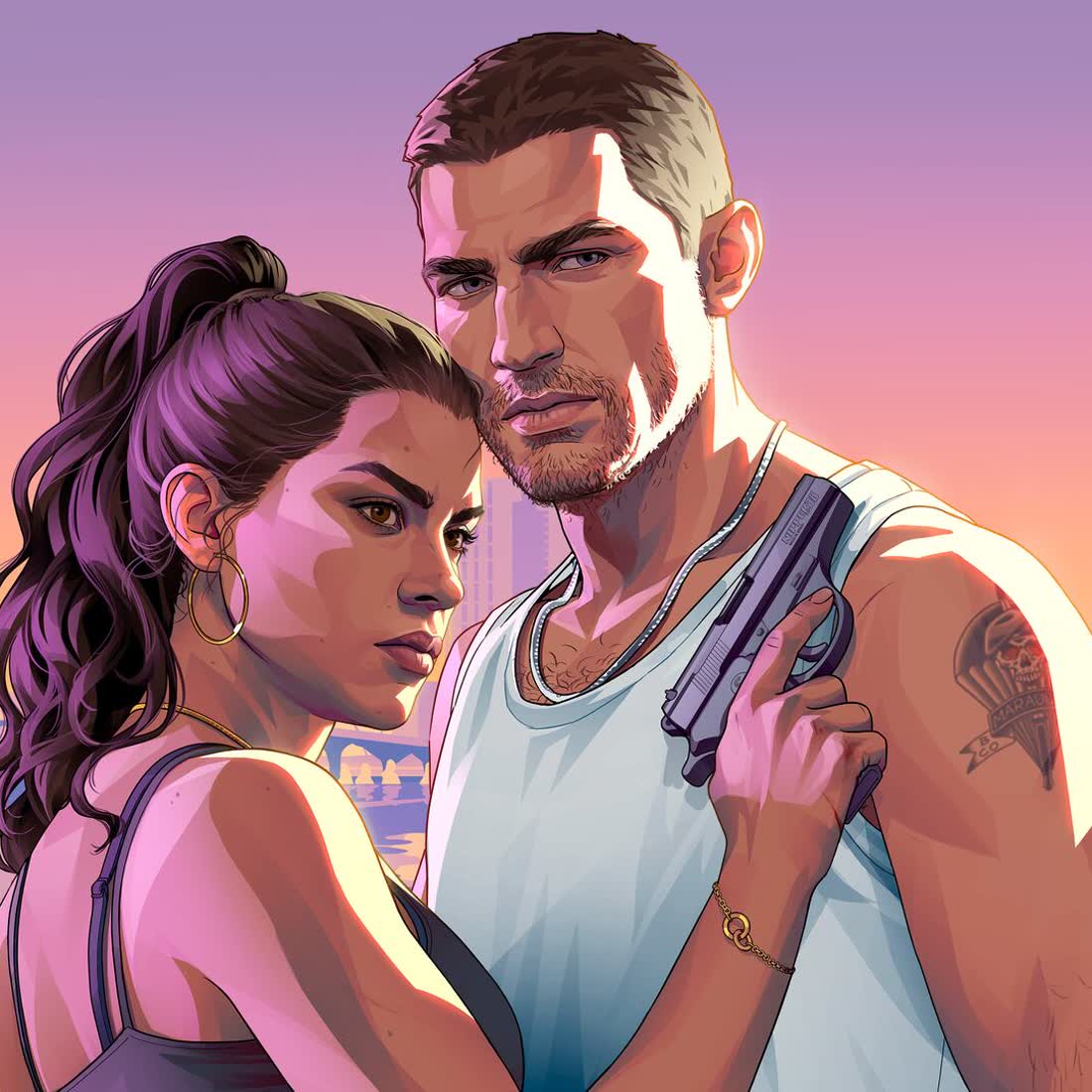 바이스 시티를 배경으로 한 루시아와 제이슨 — Grand Theft Auto VI 공식 아트워크