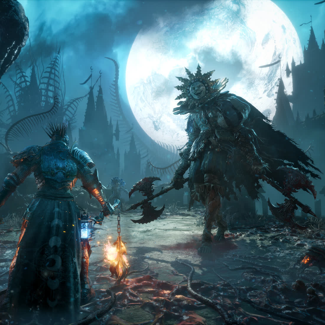 A Lampbearer facing a boss beneath a huge moon, gothic spires behind — official Lords of the Fallen II artwork