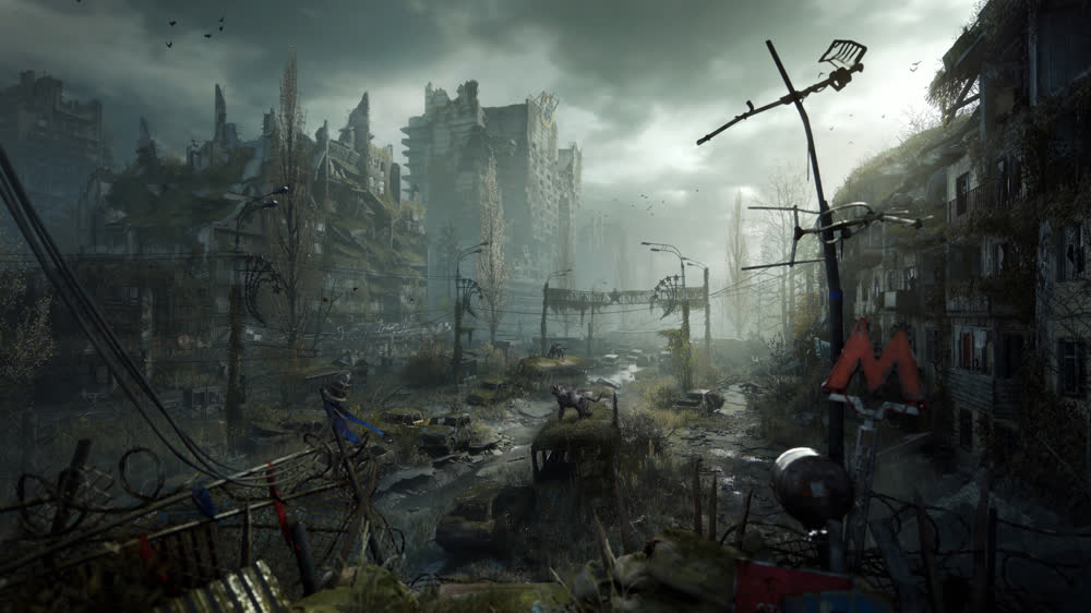The Stranger in a gas mask against the ruins of Moscow — official Metro 2039 artwork