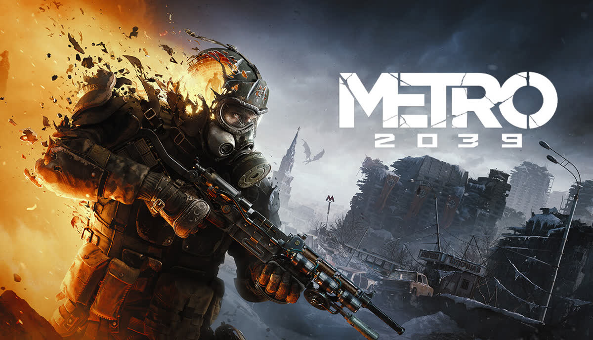 The Stranger in a gas mask against the ruins of Moscow — official Metro 2039 artwork
