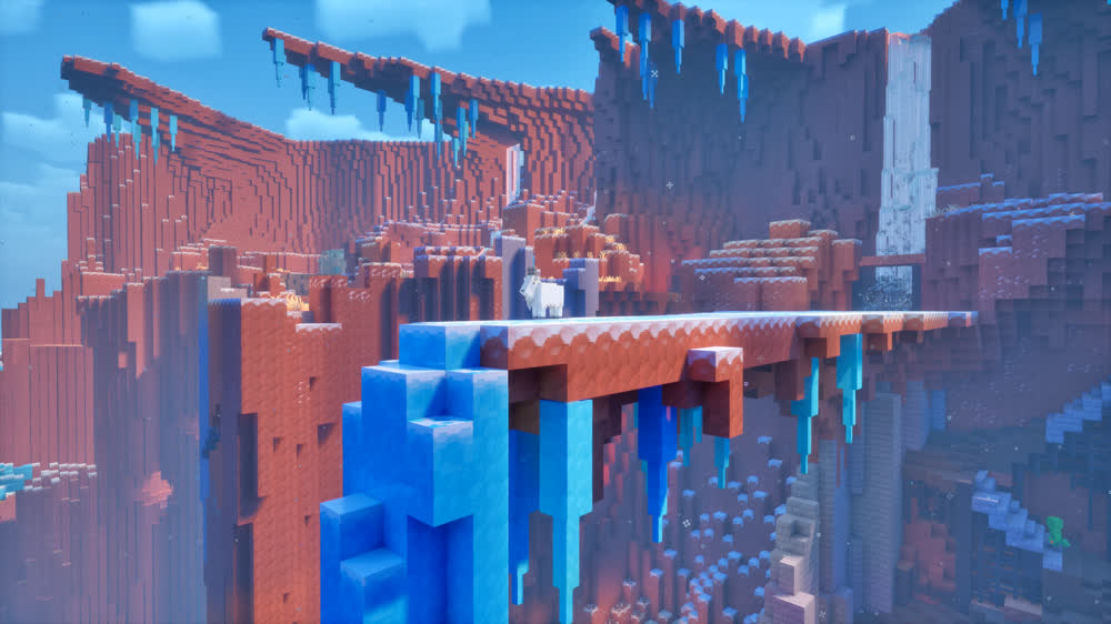 빛나는 던전에서 전투 중인 네 명의 영웅 — Minecraft Dungeons II 공식 아트워크