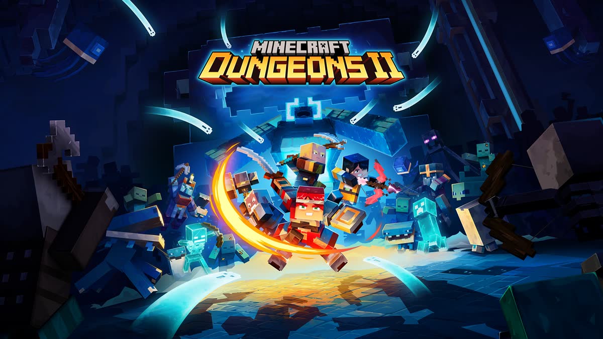 빛나는 던전에서 전투 중인 네 명의 영웅 — Minecraft Dungeons II 공식 아트워크