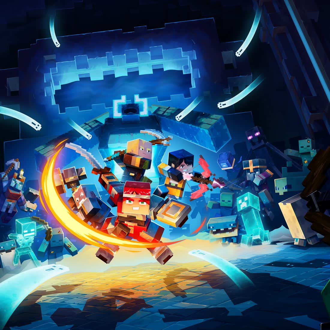 빛나는 던전에서 전투 중인 네 명의 영웅 — Minecraft Dungeons II 공식 아트워크