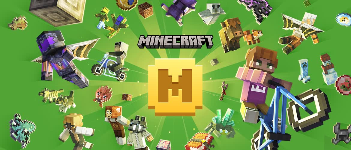벚나무 옆 블록 세상을 달리는 스티브와 알렉스 — Minecraft: Java & Bedrock Edition 공식 아트워크