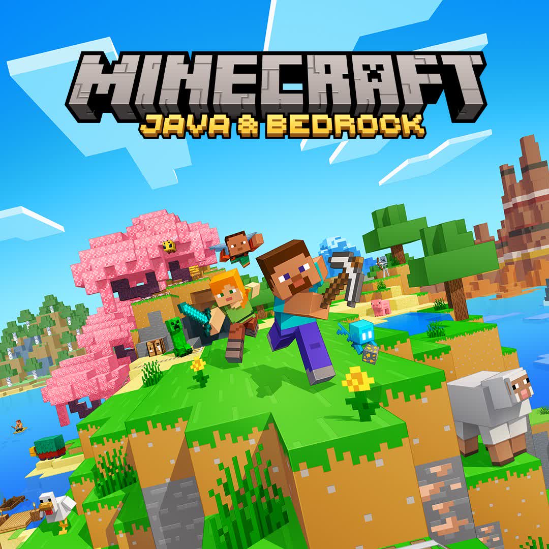 벚나무 옆 블록 세상을 달리는 스티브와 알렉스 — Minecraft: Java & Bedrock Edition 공식 아트워크