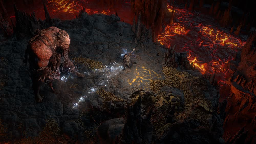 A winged figure in burning armour with a spear atop fortress walls — official Path of Exile 2 artwork