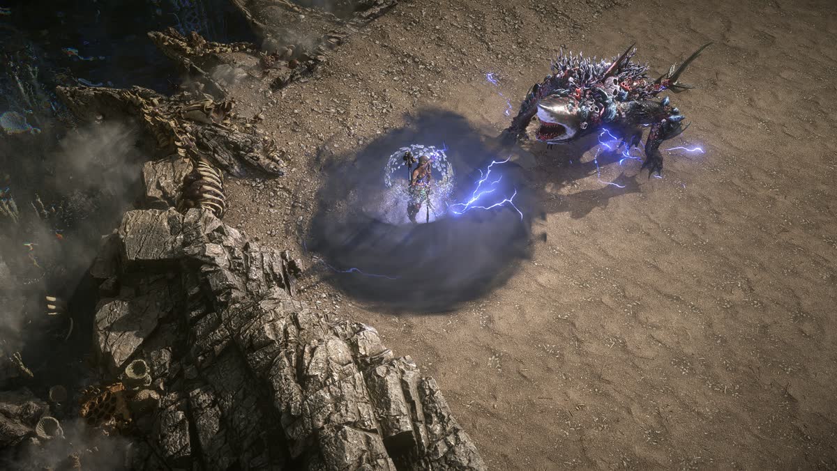 A winged figure in burning armour with a spear atop fortress walls — official Path of Exile 2 artwork