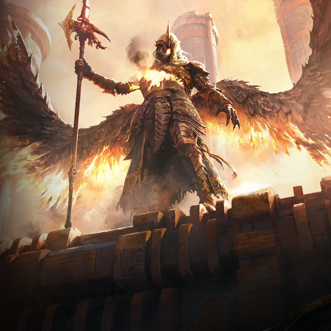 A winged figure in burning armour with a spear atop fortress walls — official Path of Exile 2 artwork