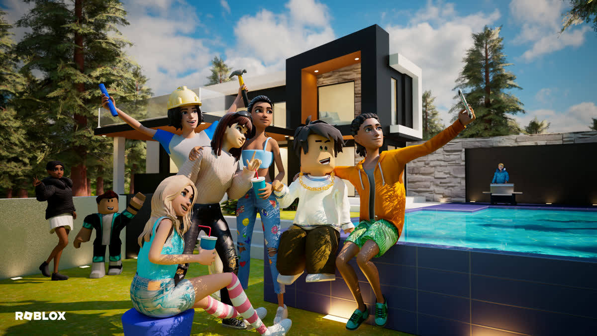 Official Roblox artwork — avatars leaping between neon platforms above lava