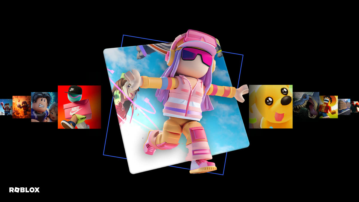Official Roblox artwork — avatars leaping between neon platforms above lava