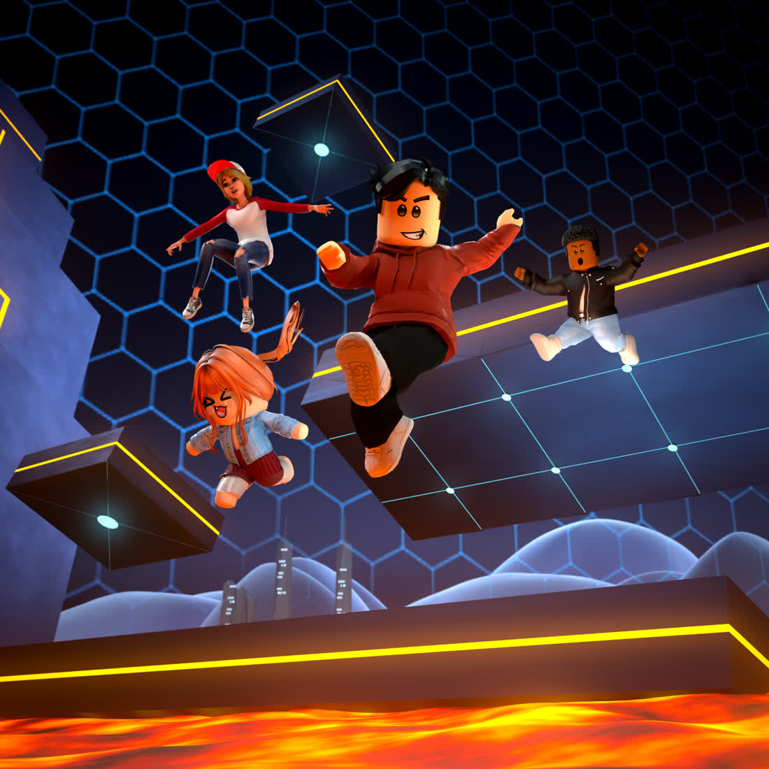 Official Roblox artwork — avatars leaping between neon platforms above lava