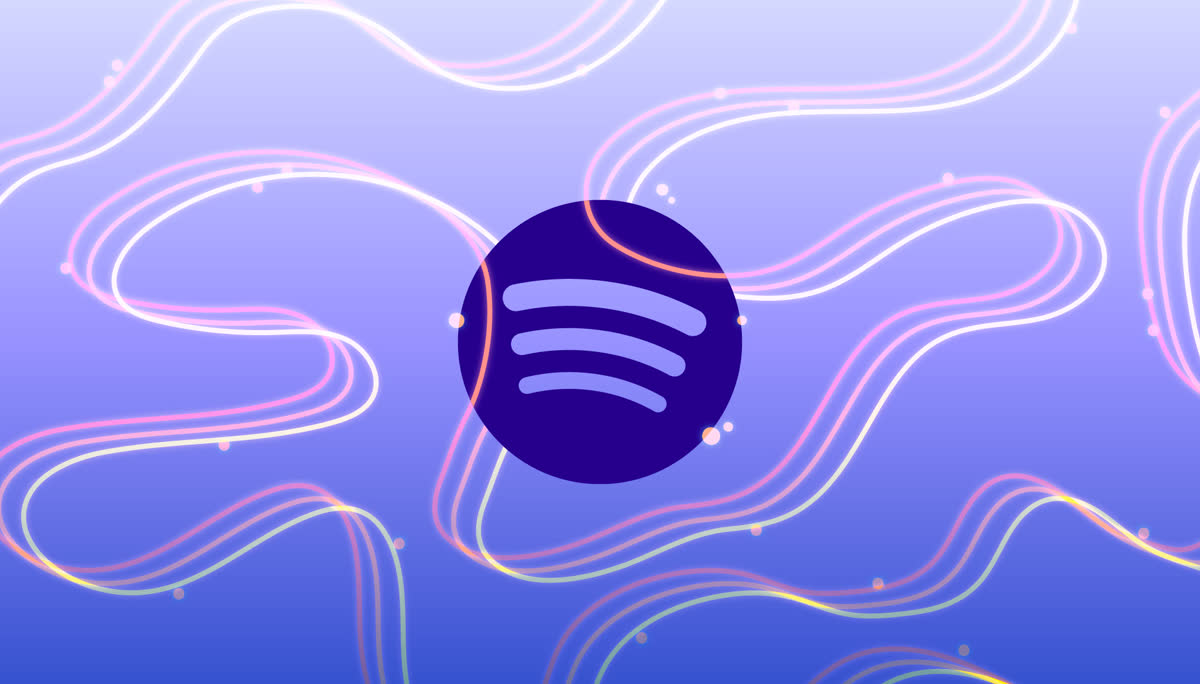 Słuchawki nauszne wśród świecących nut na fioletowo-turkusowym tle z oficjalnych materiałów Spotify