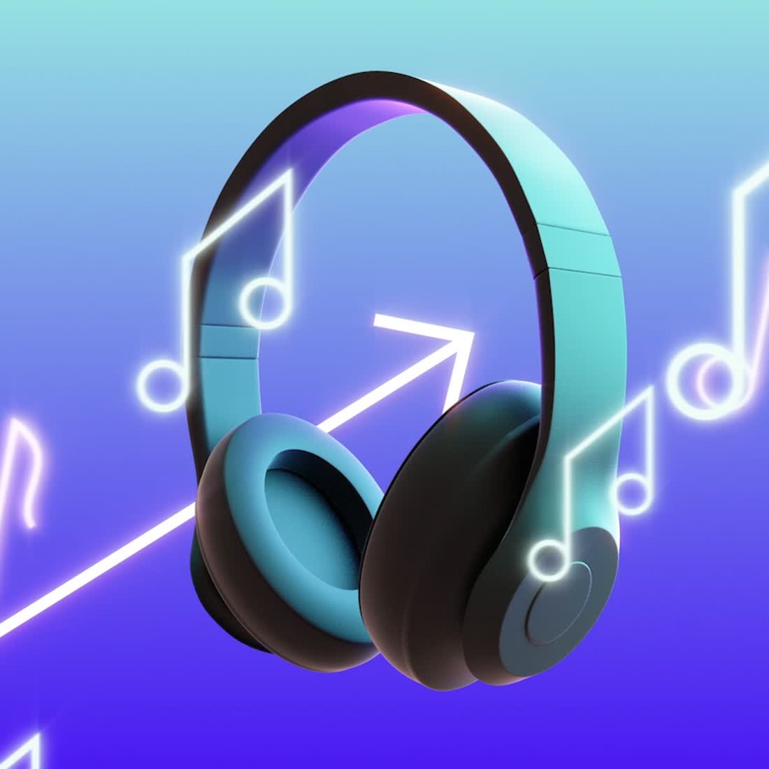 Słuchawki nauszne wśród świecących nut na fioletowo-turkusowym tle z oficjalnych materiałów Spotify