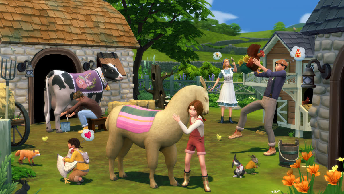 A Sim petting a group of red-furred pets in a forest clearing — official The Sims 4 Cats & Dogs artwork