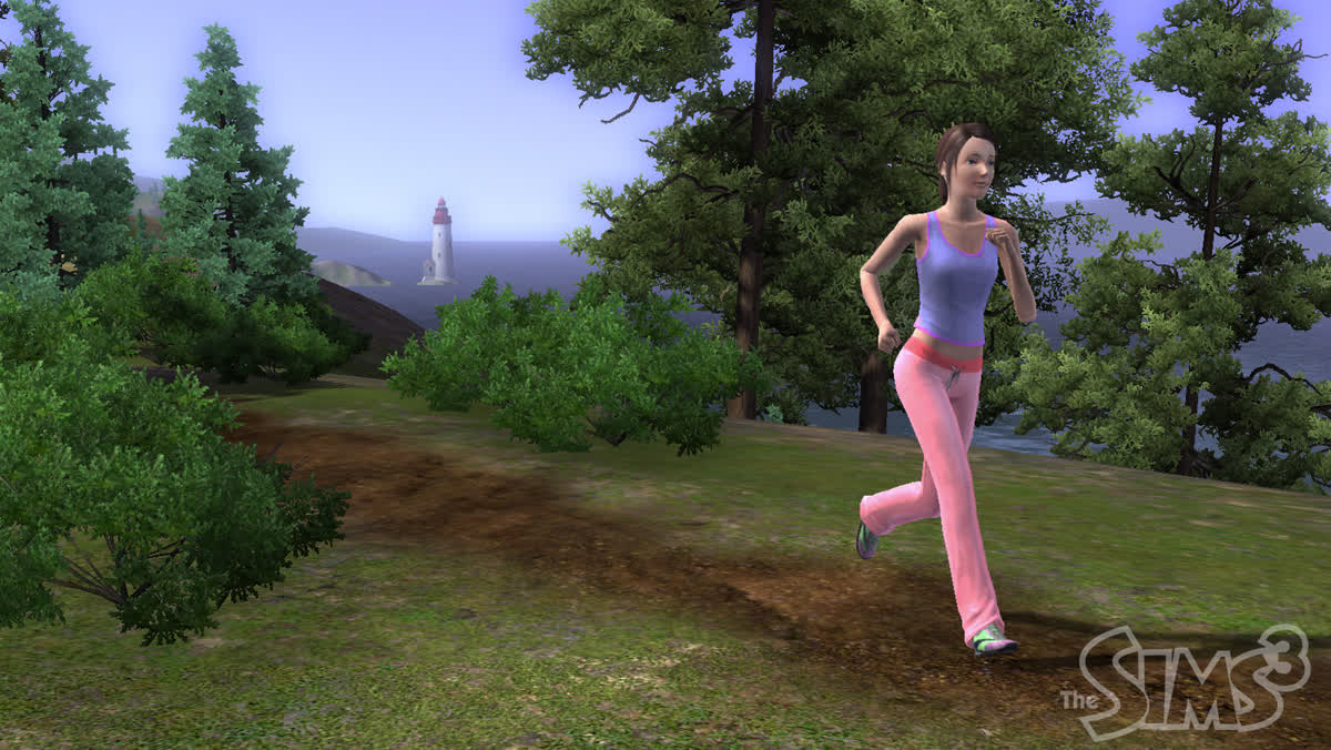 A Sim petting a group of red-furred pets in a forest clearing — official The Sims 4 Cats & Dogs artwork