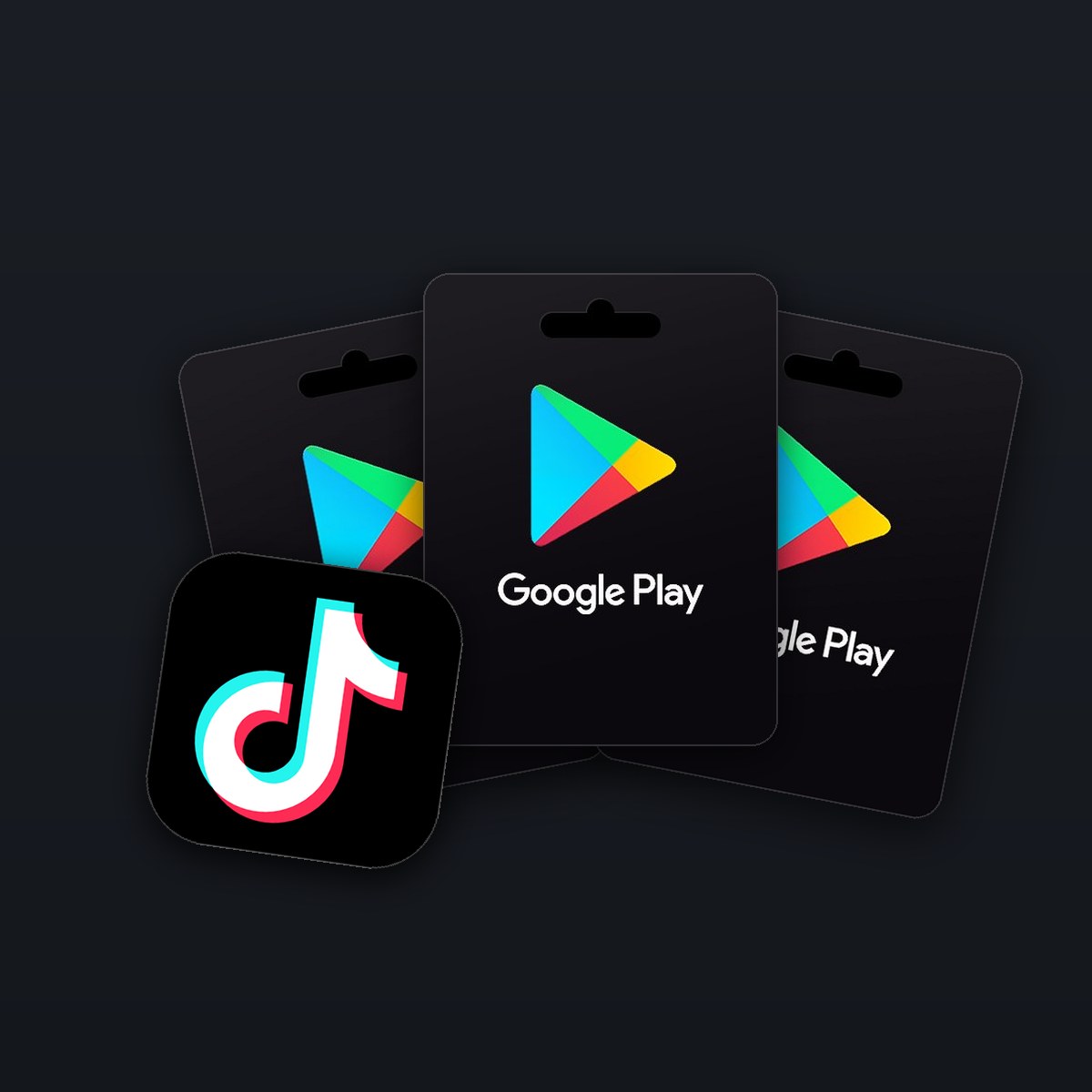 어두운 배경 위 Google Play 기프트 카드 앞에 놓인 TikTok 앱 아이콘