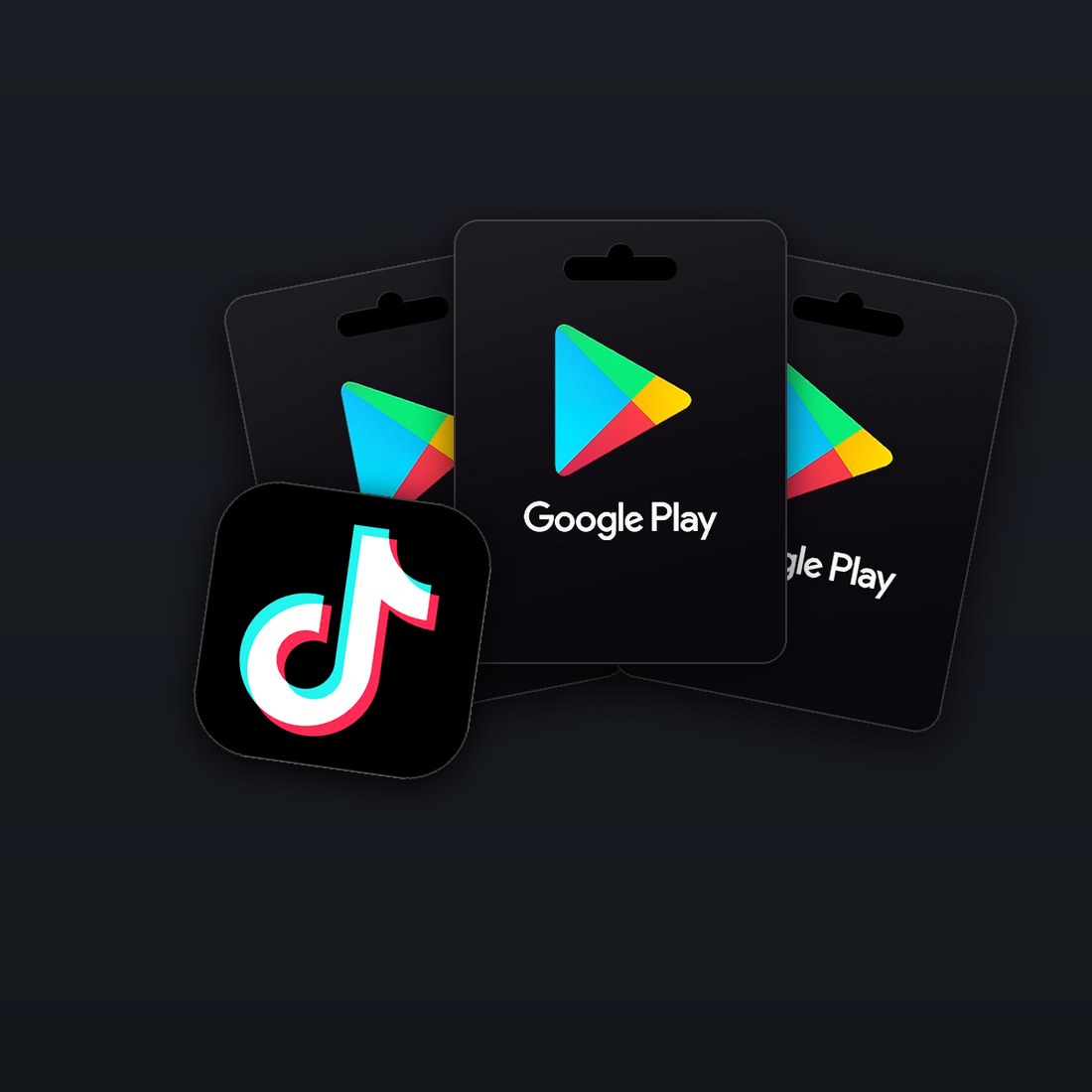 어두운 배경 위 Google Play 기프트 카드 앞에 놓인 TikTok 앱 아이콘