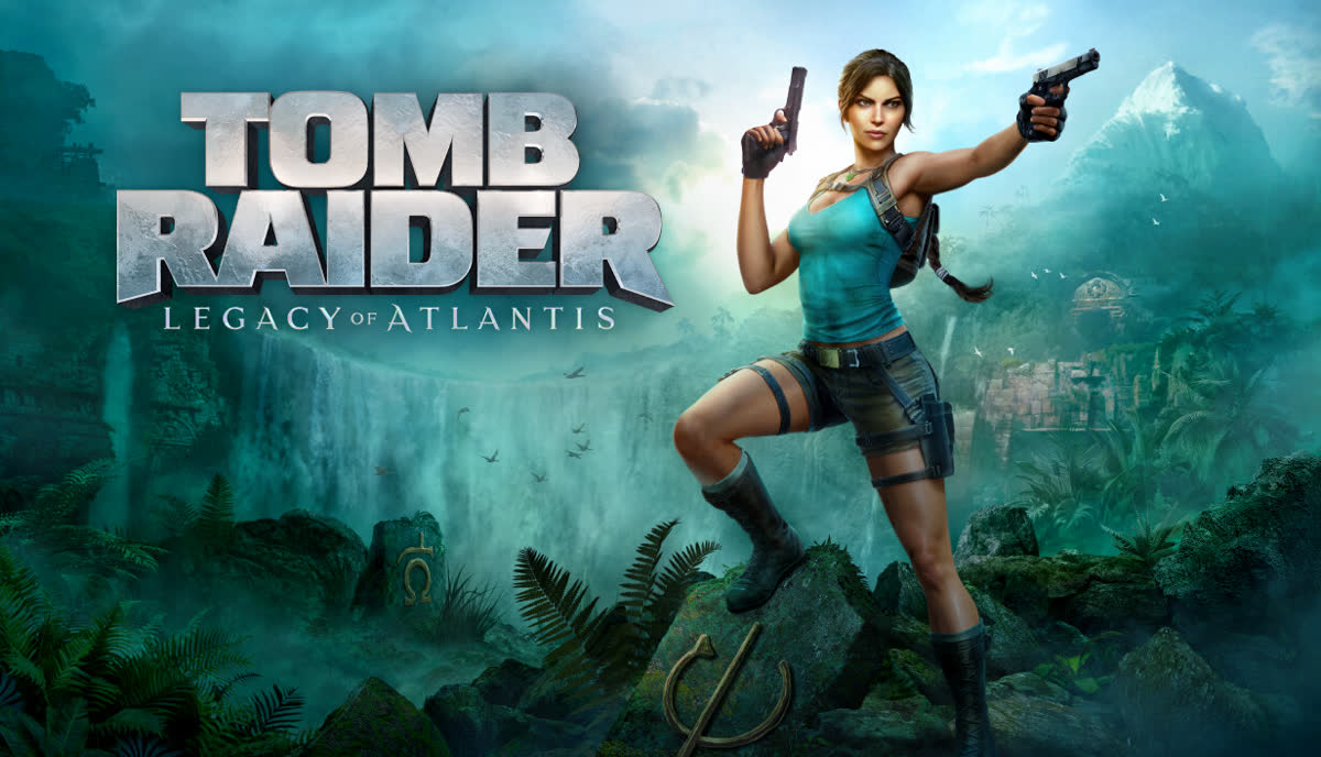 Lara Croft with twin pistols against the waterfalls and jungle of Peru — official Tomb Raider: Legacy of Atlantis artwork