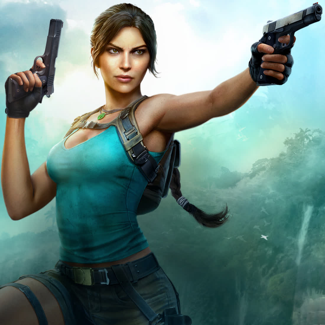 Lara Croft with twin pistols against the waterfalls and jungle of Peru — official Tomb Raider: Legacy of Atlantis artwork
