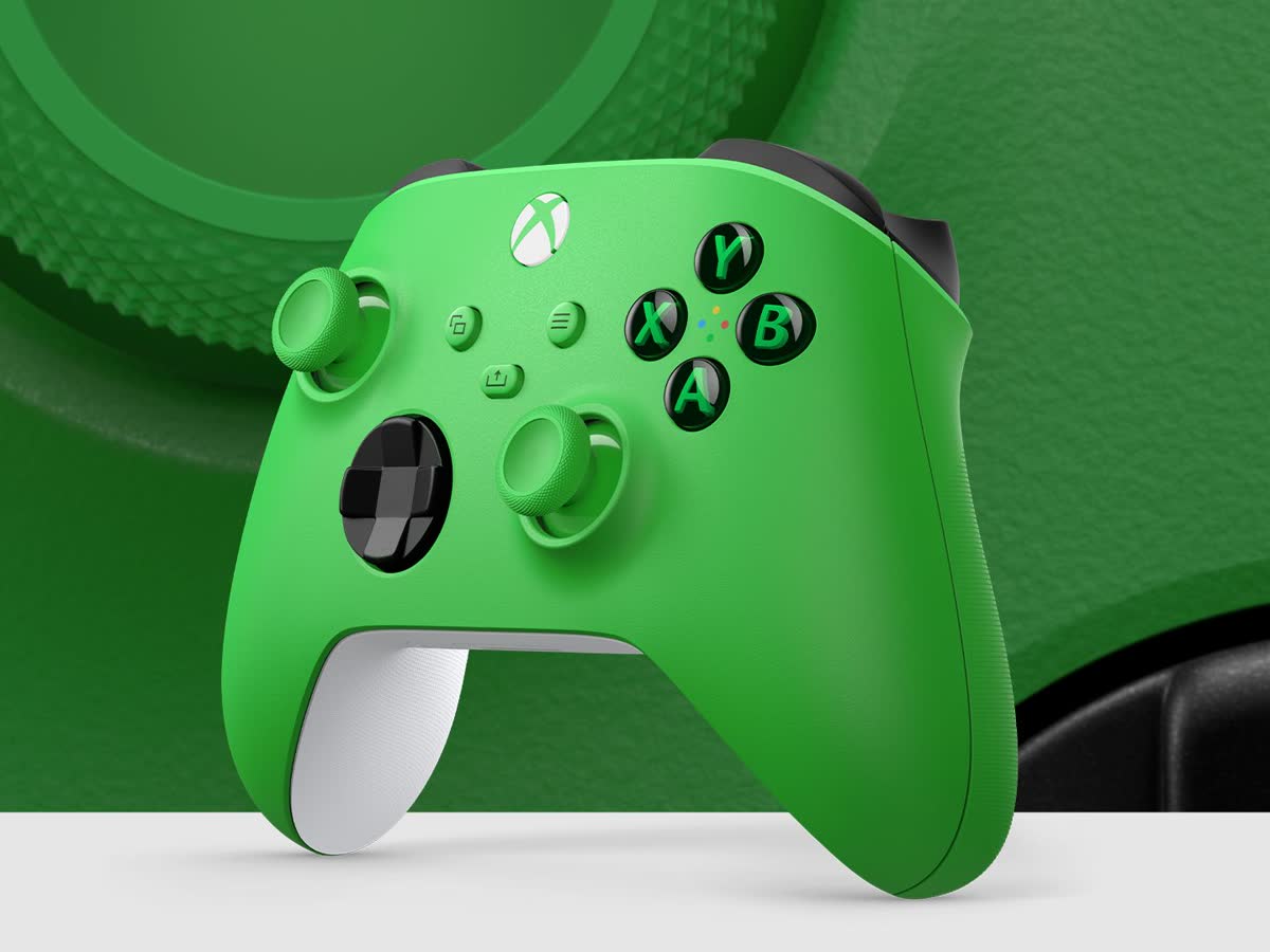 Oficjalna grafika Microsoftu — bezprzewodowy kontroler Xbox w kolorze Velocity Green na zielonym tle