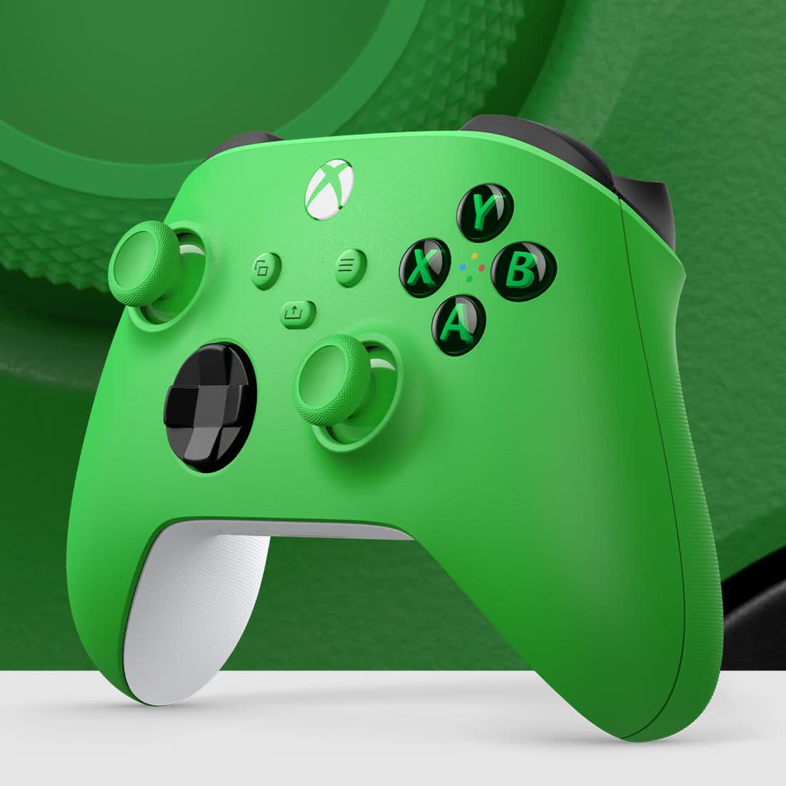 Oficjalna grafika Microsoftu — bezprzewodowy kontroler Xbox w kolorze Velocity Green na zielonym tle